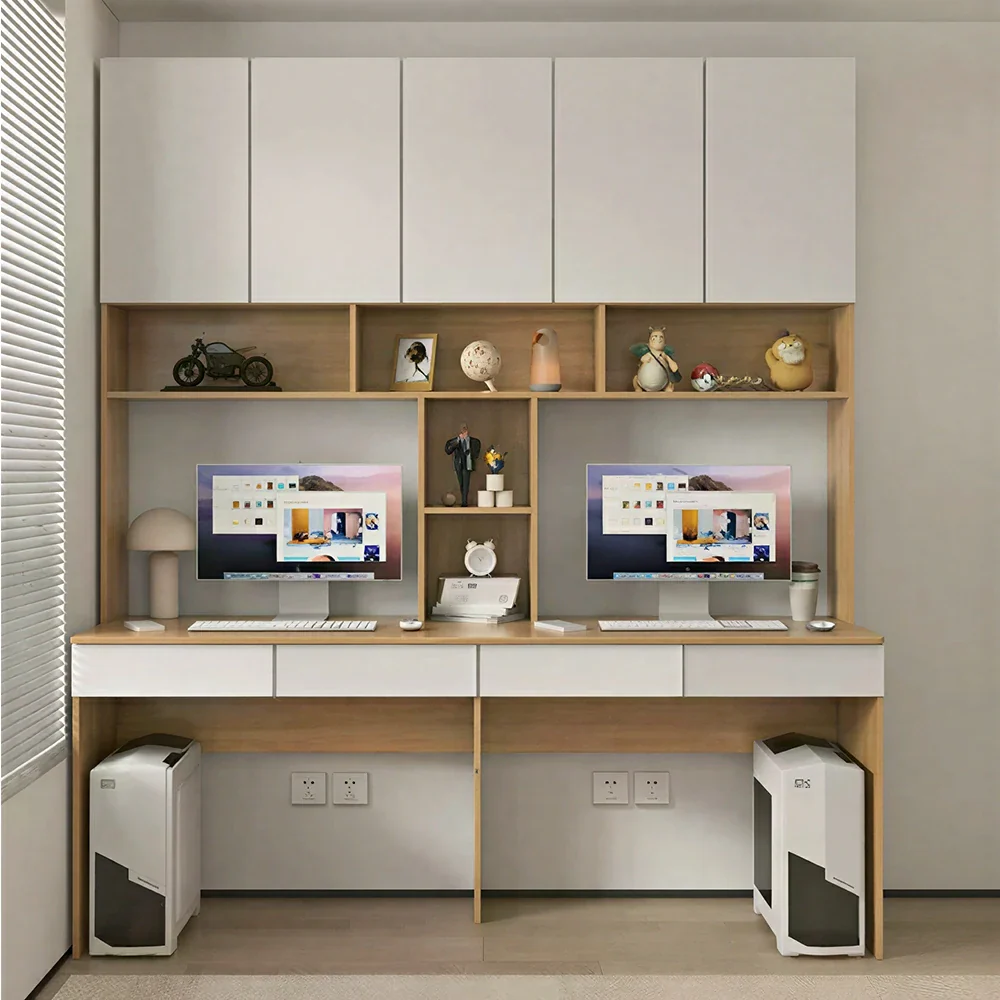 LUXORA F Style Desk with Right Bookshelf Storage Cabinet & Drawers for Home Office - Oak White - Image 4