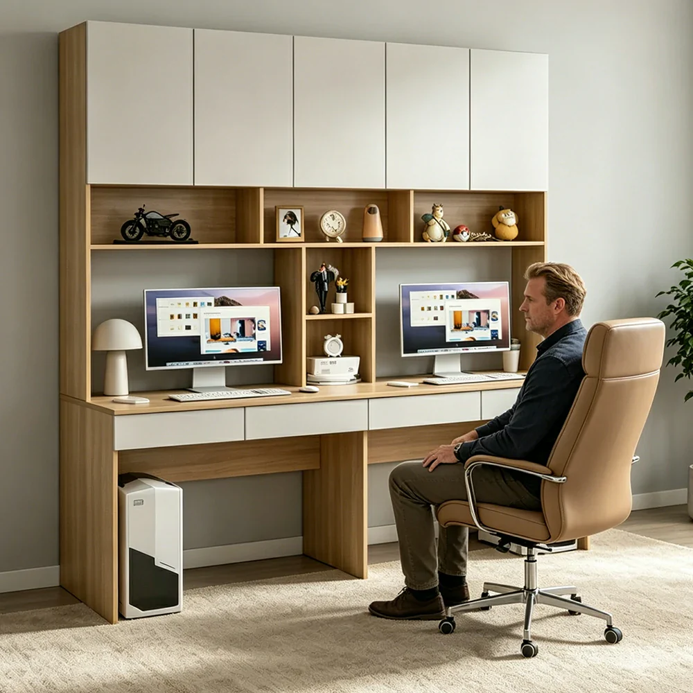 LUXORA F Style Desk with Right Bookshelf Storage Cabinet & Drawers for Home Office - Oak White - Image 6