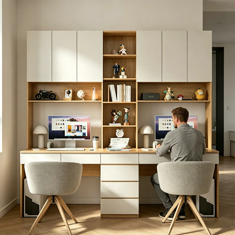 LUXORA J Style Desk with Right Bookshelf Storage Cabinet & Drawers for Home Office - Oak White - Image 6