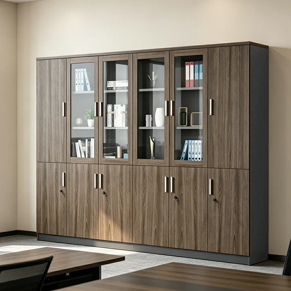 LUXORA 6 Door Bookcase Large Office Storage Cabinet with Glass Doors - Walnut - Image 2