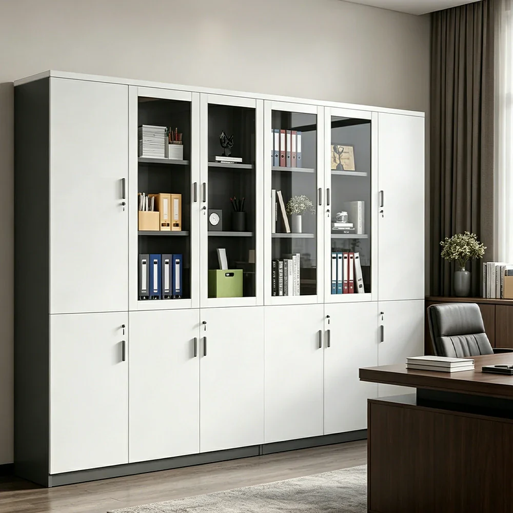 LUXORA 6 Door Bookcase Large Office Storage Cabinet with Glass Doors - Warm White - Image 2