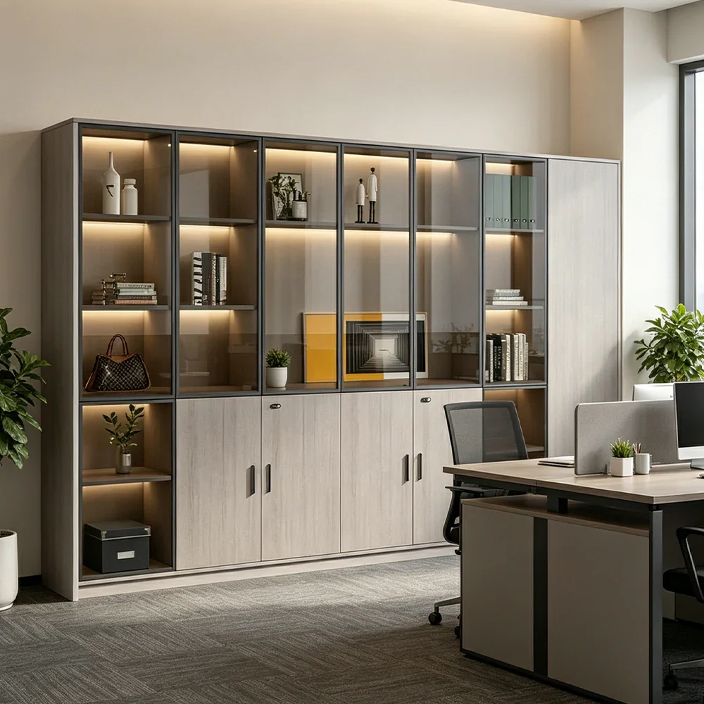 LUXORA Office Display File Cabinet with Black Frame Brown Glass Doors - Grey Oak - Image 2