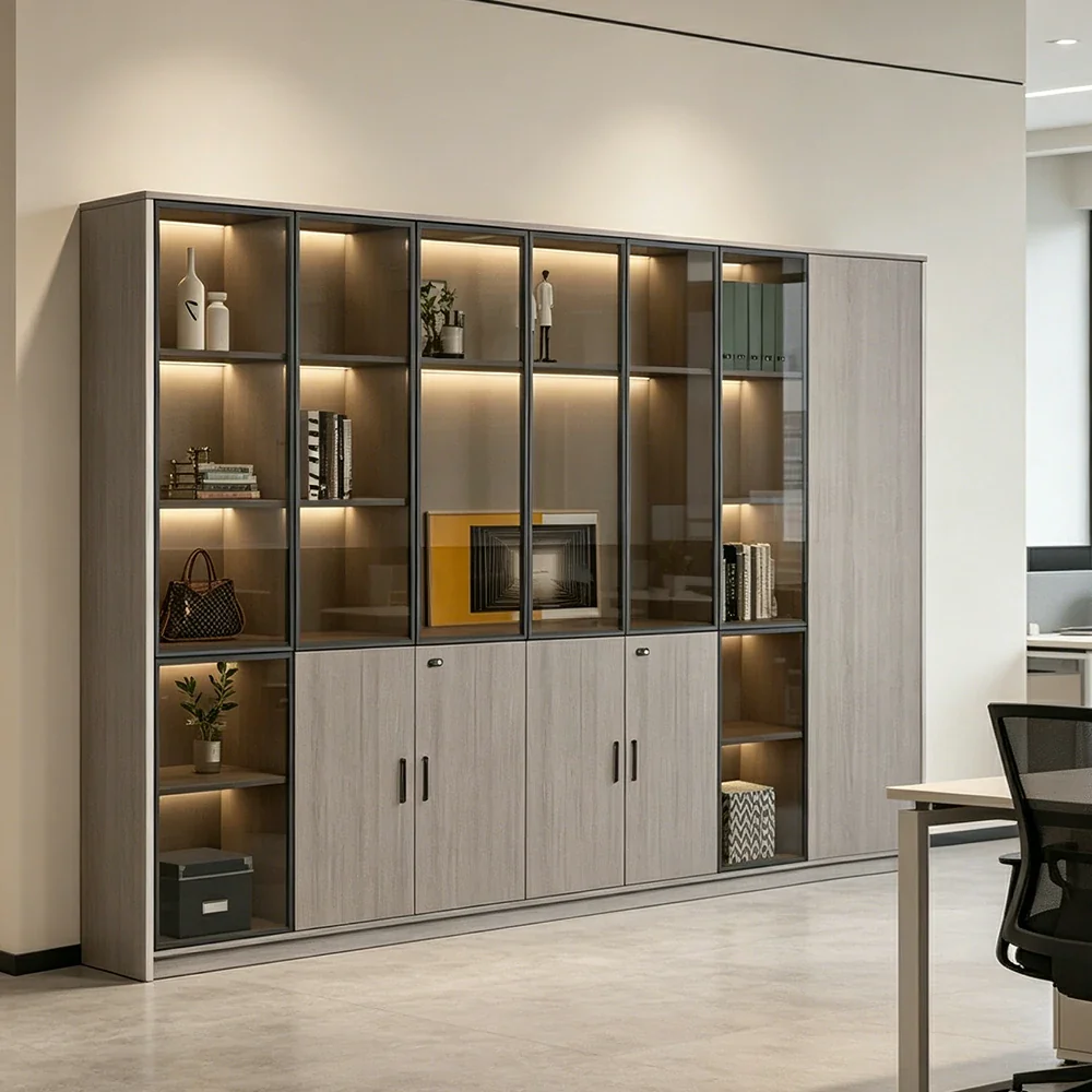 LUXORA Office Display File Cabinet with Black Frame Brown Glass Doors - Grey Oak - Image 5