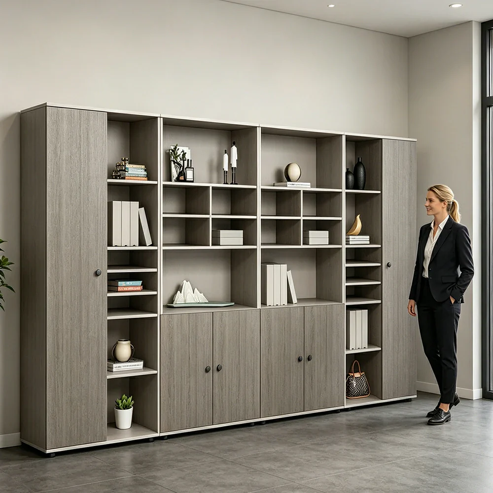 LUXORA Large Office File Cabinet with Open Display Shelves Storage Bookcase - Grey Oak - Image 6