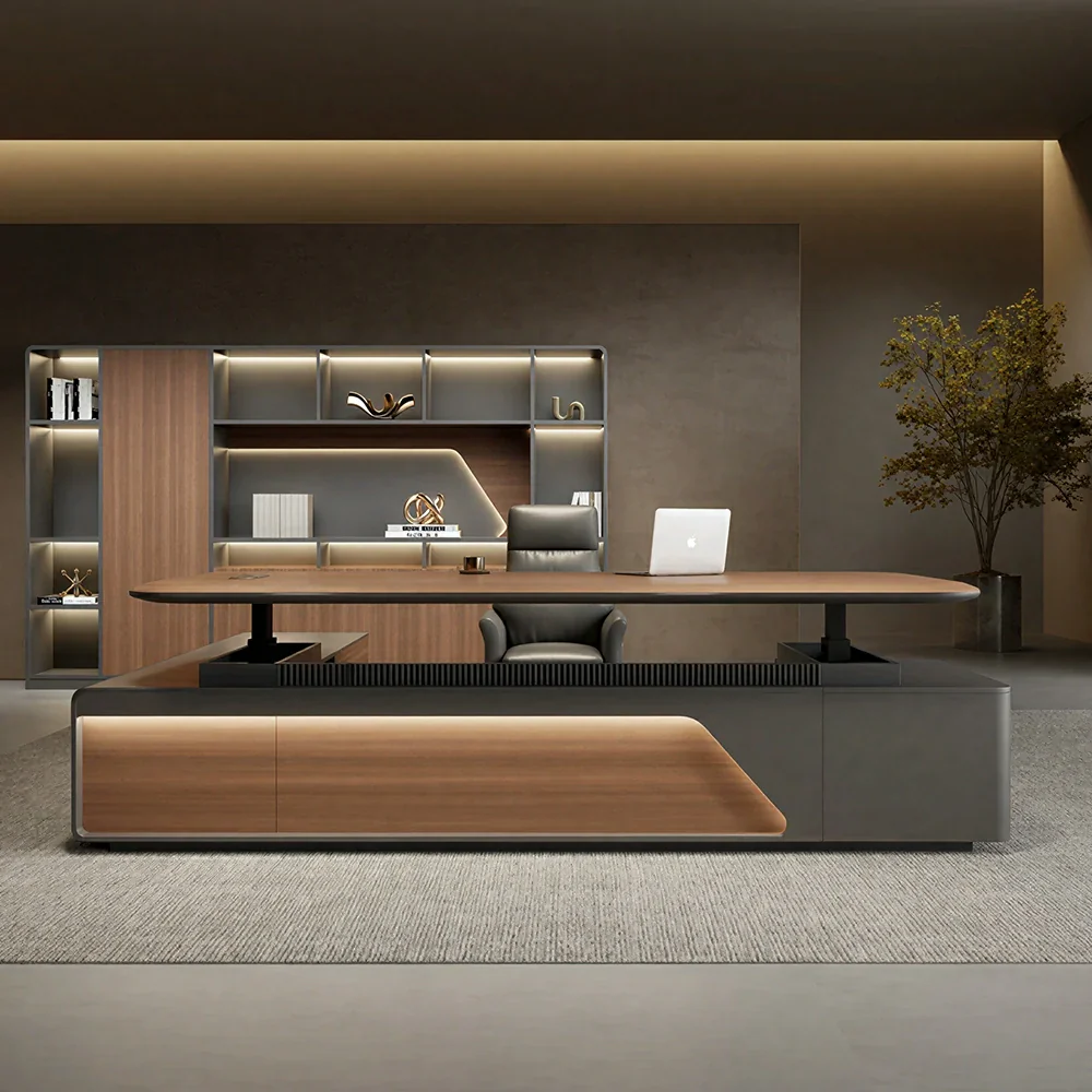 LUXORA Executive Office Desk - Modern Manager Workstation with Side Cabinet - Walnut & Cream White - Image 4