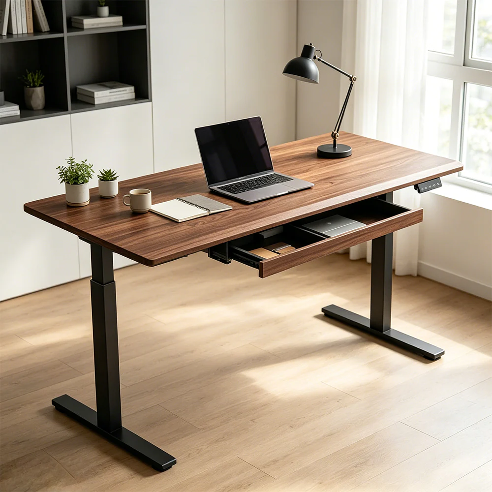 LUXORA Electric Standing Desk with Drawer, Dual Motor Height Adjustable Sit Stand Desk, Solid Wood Top Home Office Study - Walnut - Image 4