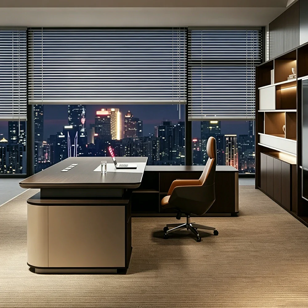 LUXROA Dual Cabinet Executive Desk Luxury CEO Office Desk Dragon-scale Smart LED Storage Workspace - Walnut & Beige - Image 4