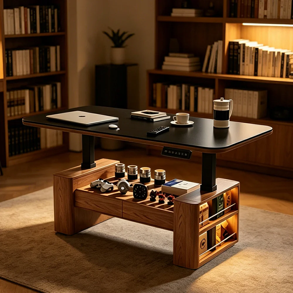 LUXORA Height Adjustable Executive Lift Desk Solid Wood & Marble Rock Top Smart Storage Office Workstation Dual Cabinet Design - Walnut & White Stone - Image 6