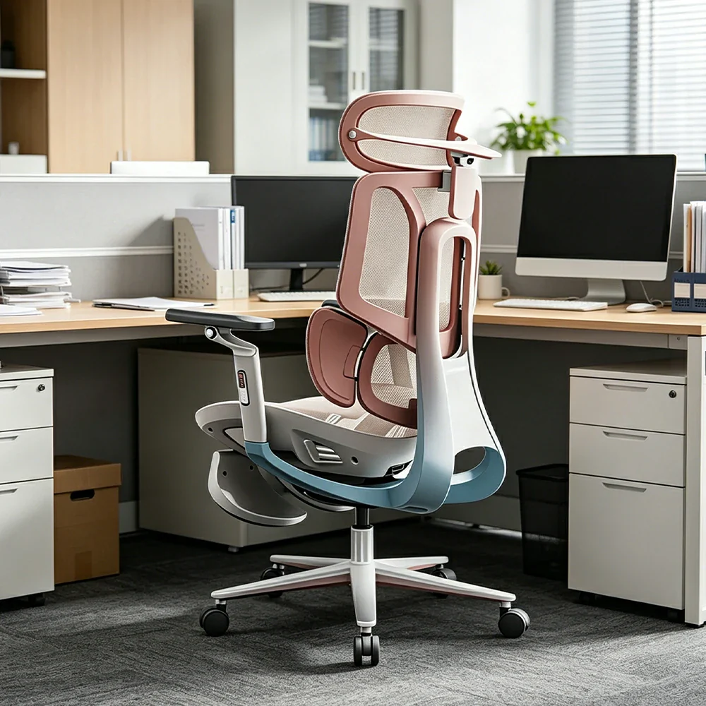 LUXORA  E3 Pro Ergonomic Mesh Office Chair Reclining Chair with Footrest 4D Support Adjustable Armrests - Sakura Pink - Image 4