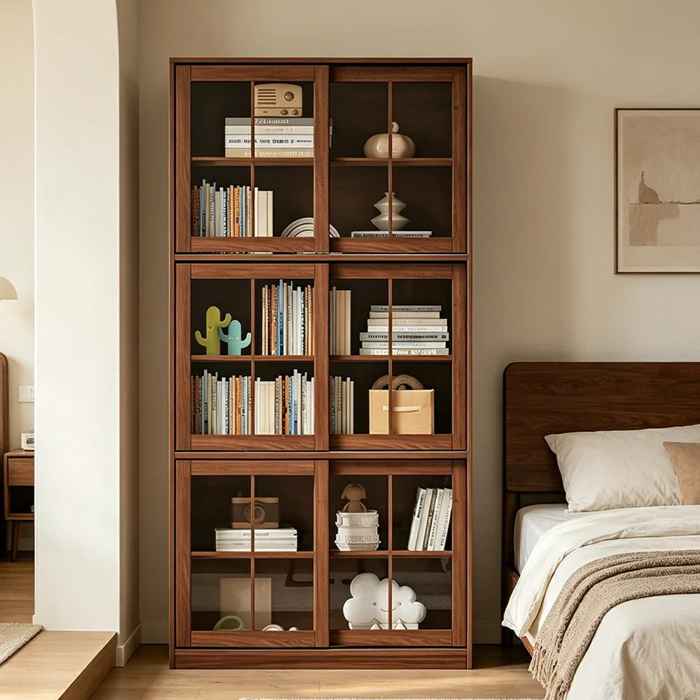 LUXORA Solid Wood Glass Door Storage Cabinet Adjustable Shelves Anti-Tip Reinforced Structure Three Tier for Living Room Dining Room Study - Walnut - Image 4