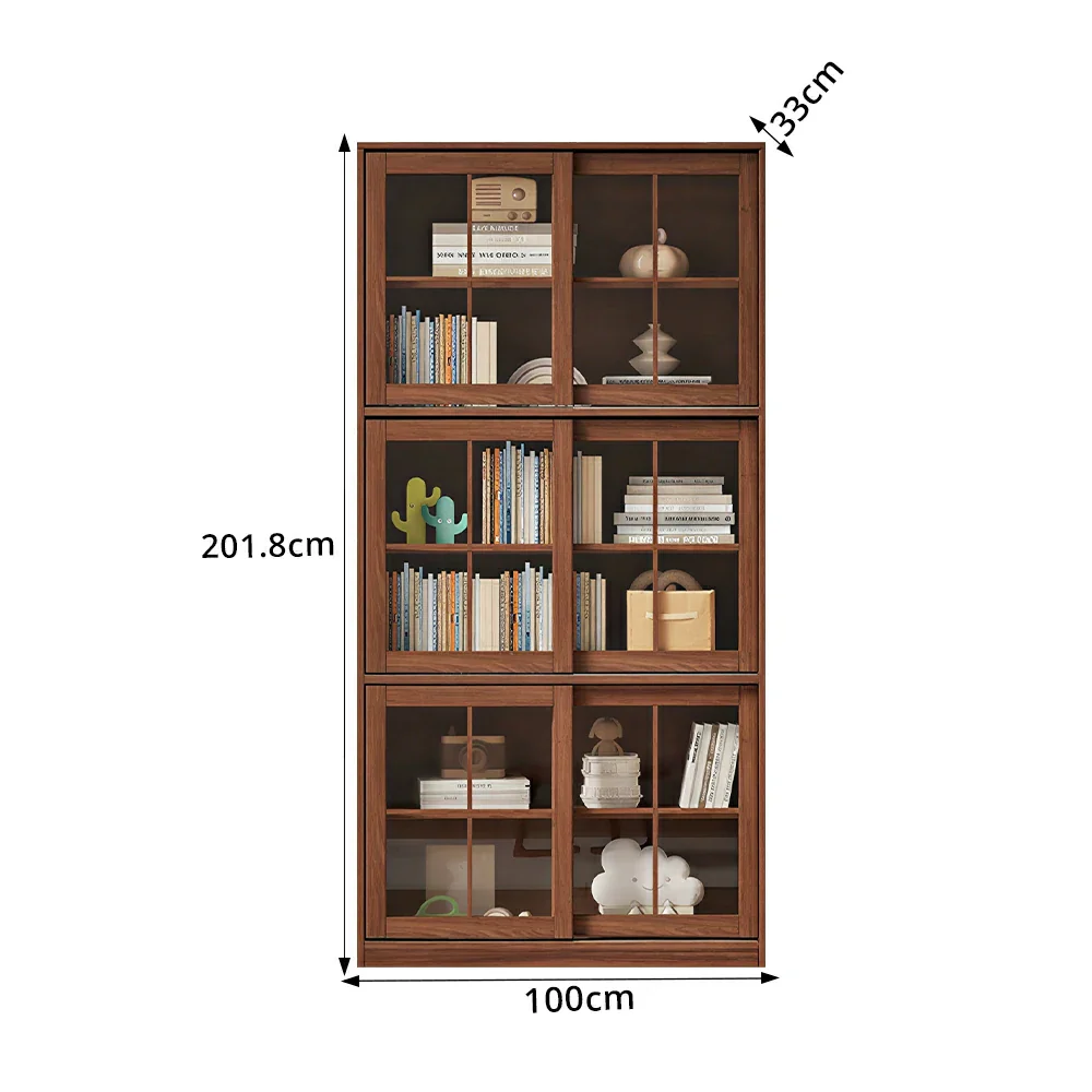 LUXORA Solid Wood Glass Door Storage Cabinet Adjustable Shelves Anti-Tip Reinforced Structure Three Tier for Living Room Dining Room Study - Walnut - Image 7