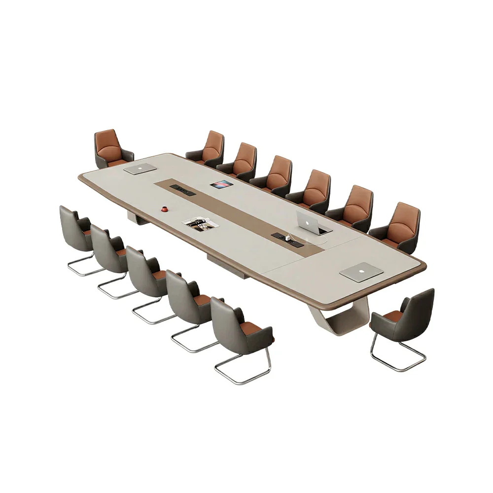 LUXORA 4m Executive Conference Table Set Premium Lacquer Desk with 12 Leather Chairs - Cream
