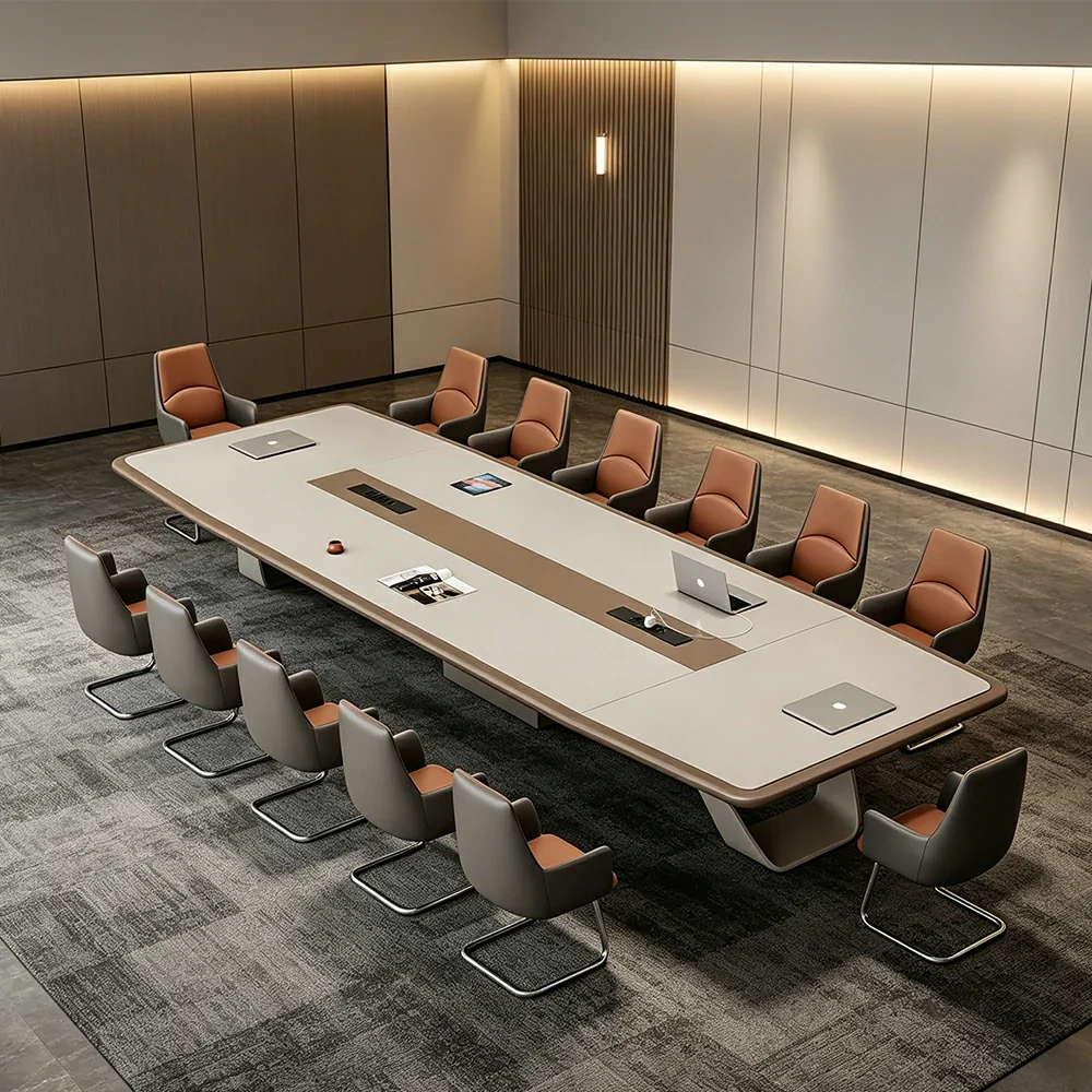 LUXORA 4m Executive Conference Table Set Premium Lacquer Desk with 12 Leather Chairs - Cream - Image 4