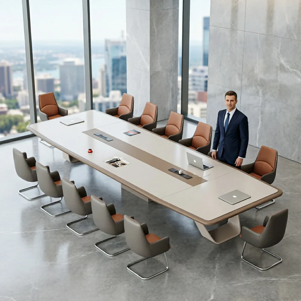 LUXORA 4m Executive Conference Table Set Premium Lacquer Desk with 12 Leather Chairs - Cream - Image 6