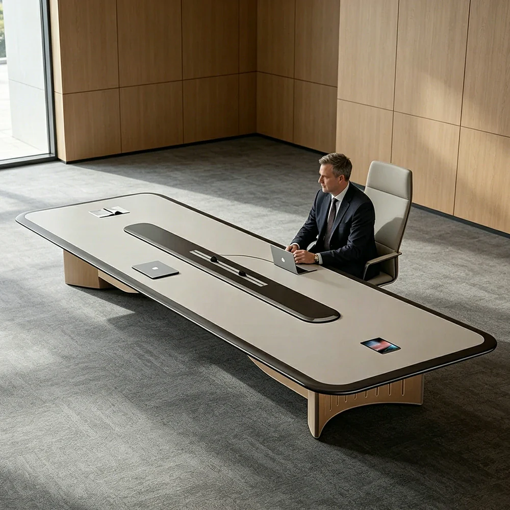 LUXORA 240/320/400cm Executive Conference Table Modern Curved Meeting Desk - Beige - Image 6