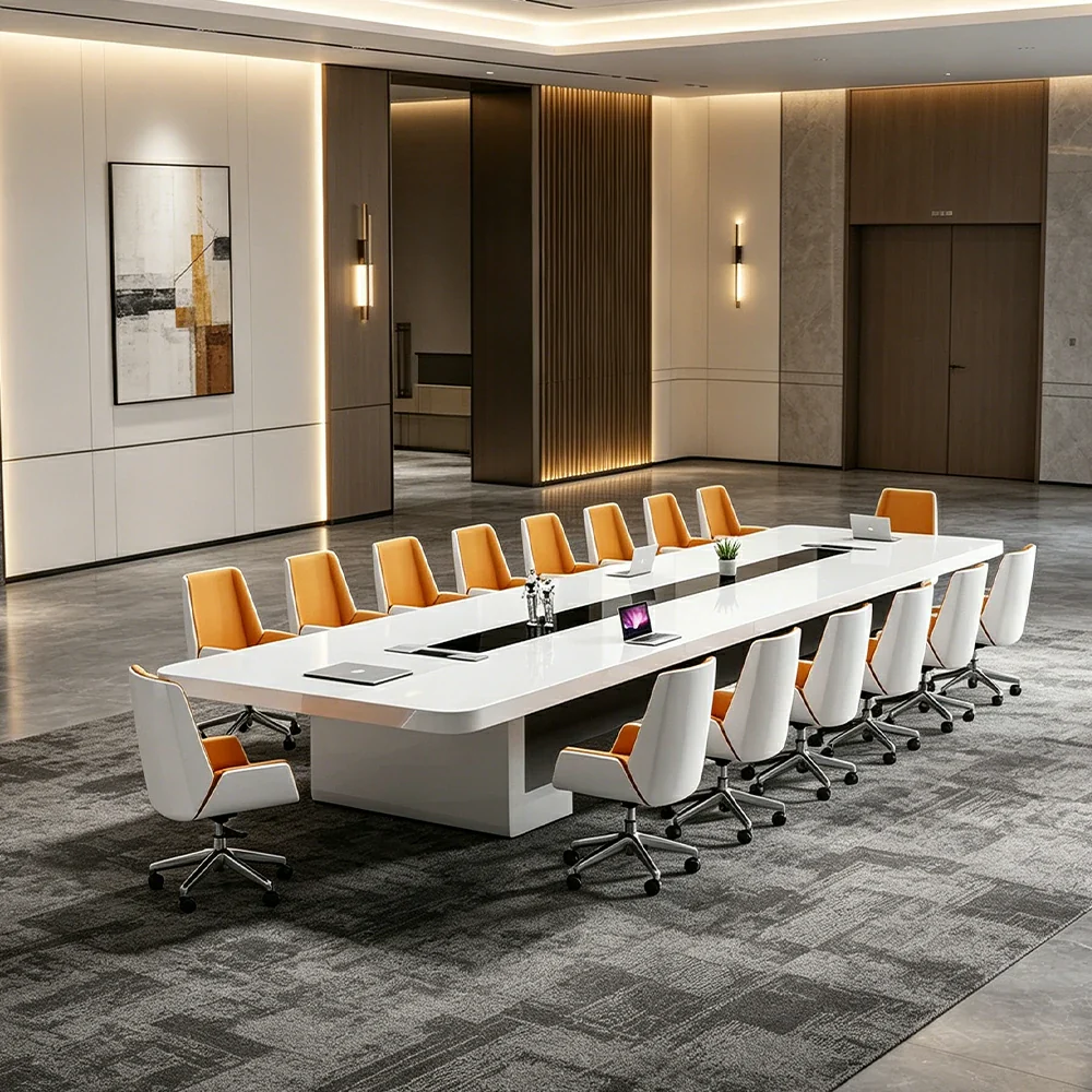 LUXORA 240cm Executive Conference Table Set Modern Piano Lacquer Meeting Desk with 8 Chairs - White - Image 2