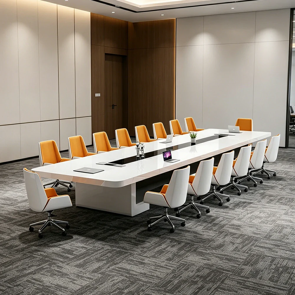 LUXORA 320cm Executive Conference Table Set Modern Piano Lacquer Meeting Desk with 8 Chairs - White - Image 2