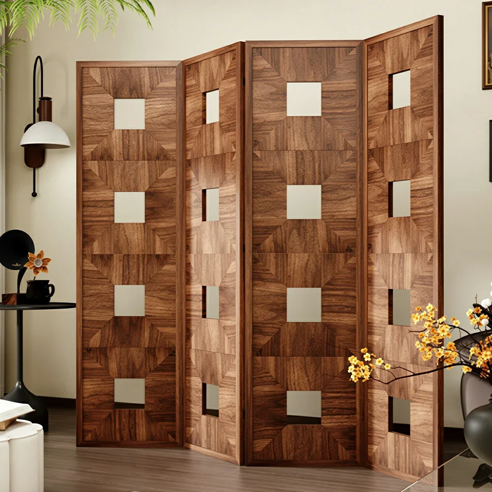 LUXORA 4 Panel Solid Wood Folding Screen Double-Sided Geometric Design Room Divider Decorative Privacy Partition for Home Office Living Room - Walnut - Image 5