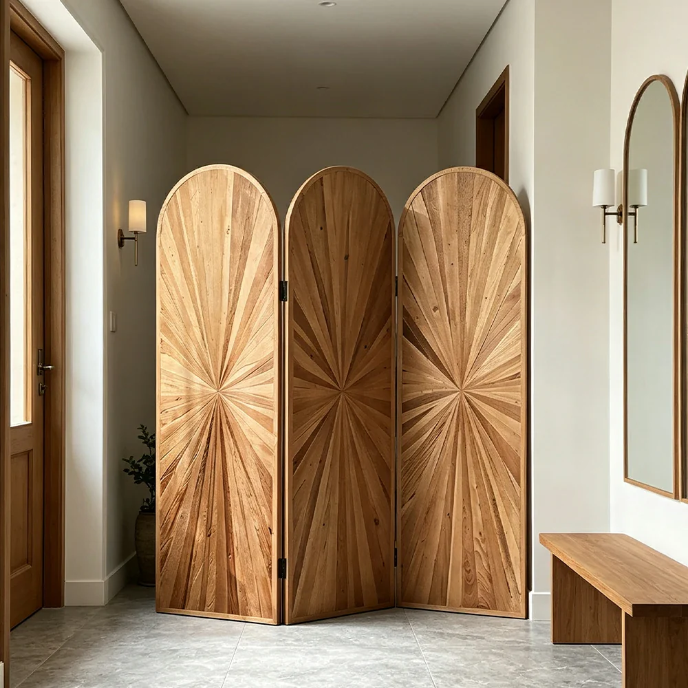 LUXORA 3 Panel Solid Wood Folding Screen Double Sided Wood Grain Design Arch Room Divider Privacy Partition for Living Room Bedroom - Natural - Image 2