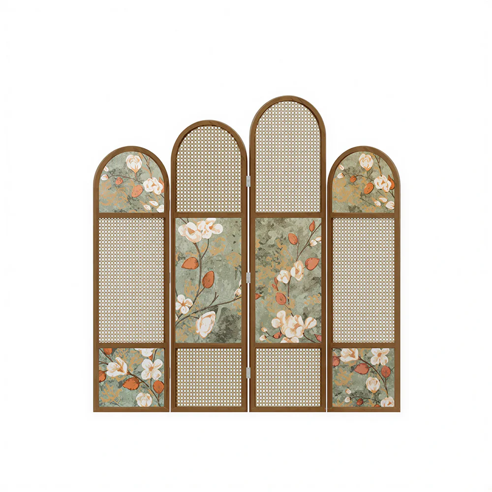 LUXORA 4 Panel Walnut Wood Folding Room Divider with Arched Rattan & Floral Print for Bedroom Living Room - Walnut & Natural