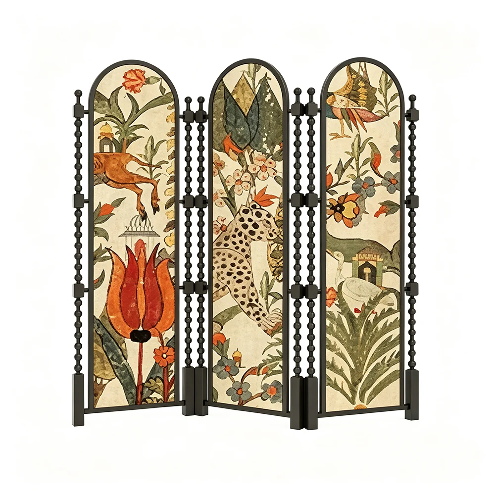 LUXORA 3 Panel Golden Walnut Wood Folding Room Divider with Arched Botanical Print for Living Room Bedroom - Walnut & Multicolour