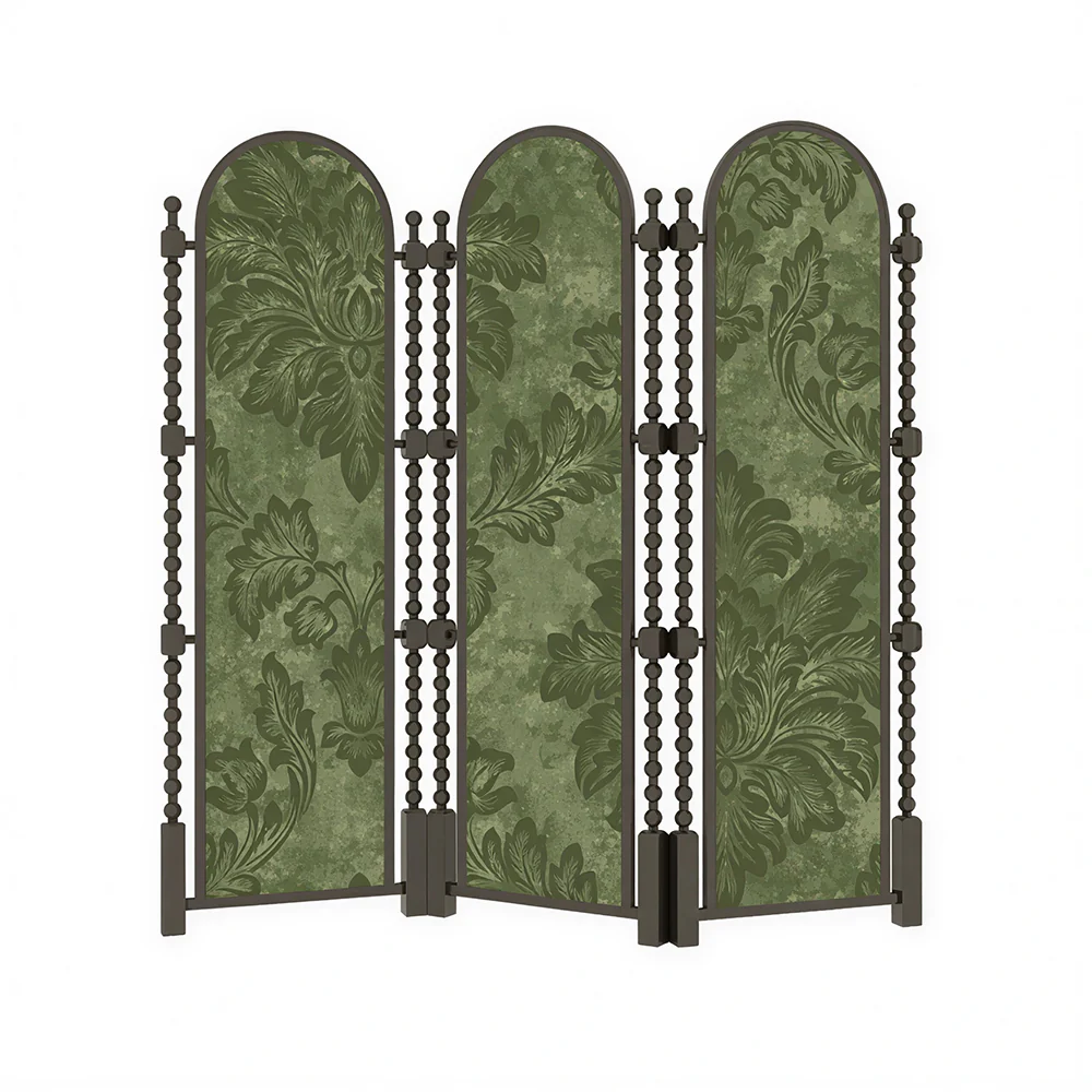 LUXORA Walnut Wood Folding Room Divider with Arched Botanical Fabric for Living Room Bedroom - Walnut & Green