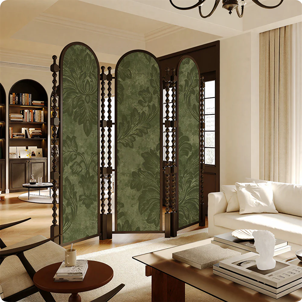 LUXORA Walnut Wood Folding Room Divider with Arched Botanical Fabric for Living Room Bedroom - Walnut & Green - Image 4