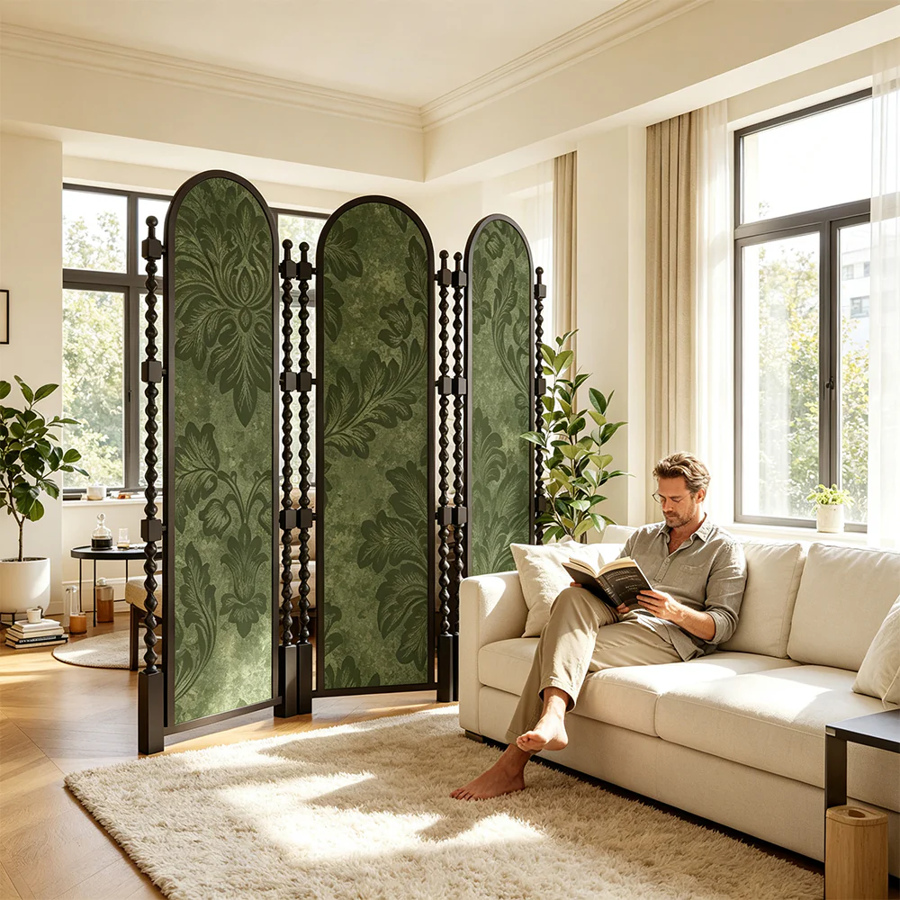 LUXORA Walnut Wood Folding Room Divider with Arched Botanical Fabric for Living Room Bedroom - Walnut & Green - Image 6