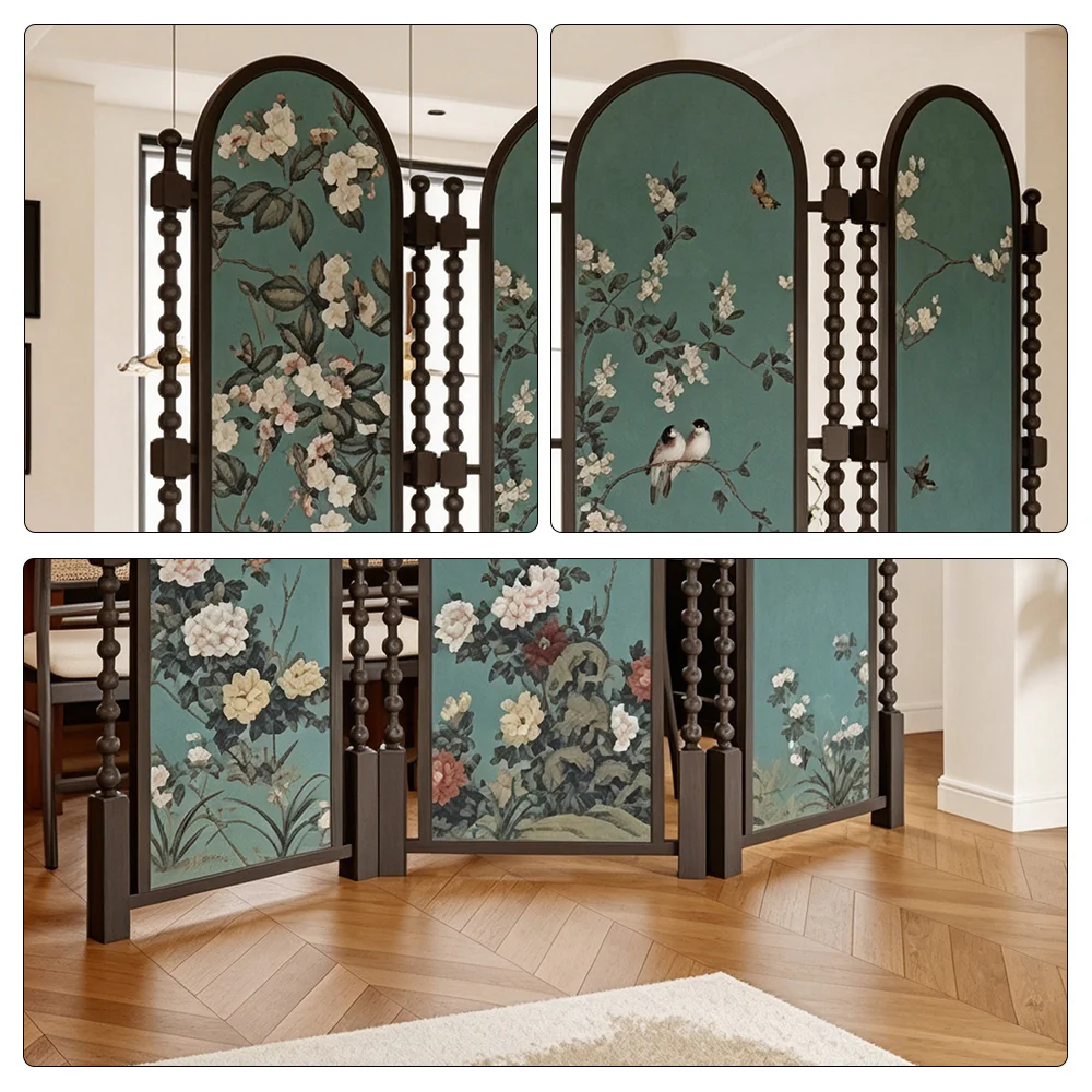 LUXORA Walnut Wood Folding Room Divider with Arched Floral Fabric for Living Room Bedroom - Walnut & Teal - Image 3