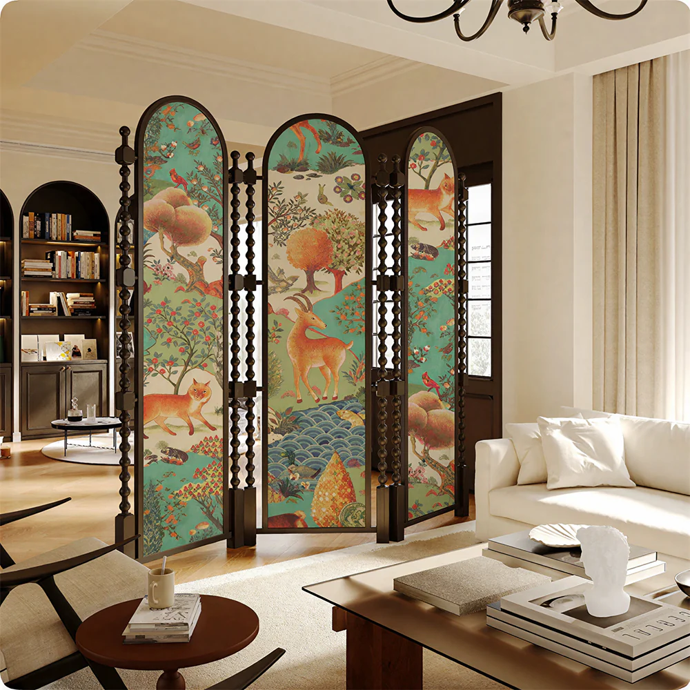 LUXORA 3 Panel Golden Walnut Wood Folding Room Divider with Arched Woodland Animal Print for Living Room Bedroom - Walnut & Multicolour - Image 4