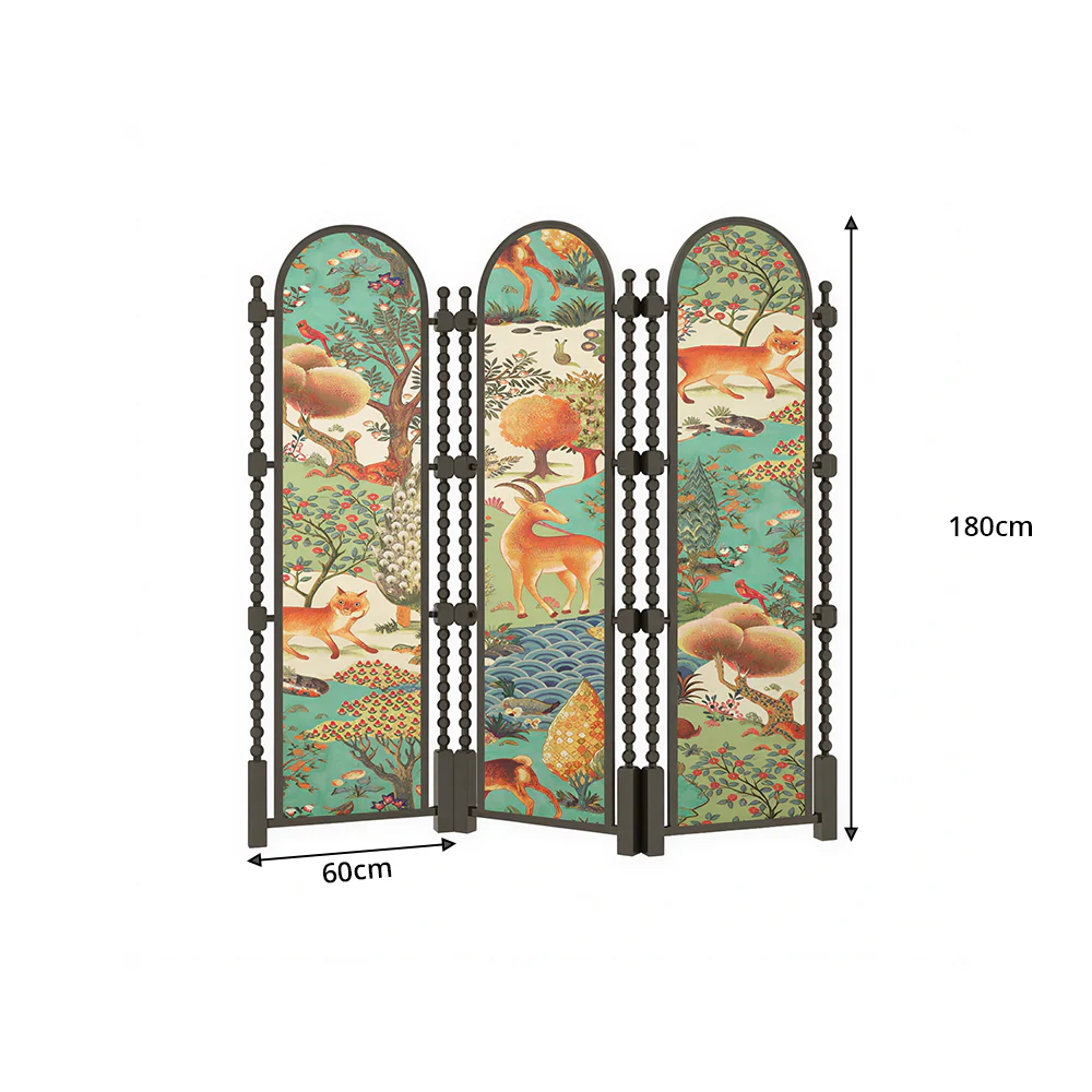LUXORA 3 Panel Golden Walnut Wood Folding Room Divider with Arched Woodland Animal Print for Living Room Bedroom - Walnut & Multicolour - Image 7