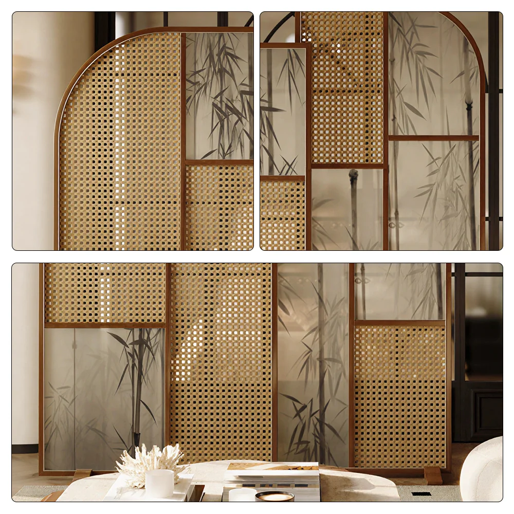 LUXORA Folding Room Divider with Arched Rattan & Bamboo Print for Living Room Bedroom - Walnut & Natural - Image 3