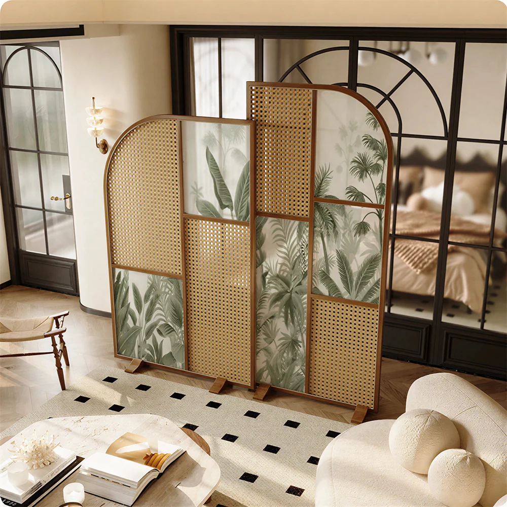 LUXORA Folding Room Divider with Arched Rattan & Bamboo Print for Living Room Bedroom - Walnut & Green - Image 2