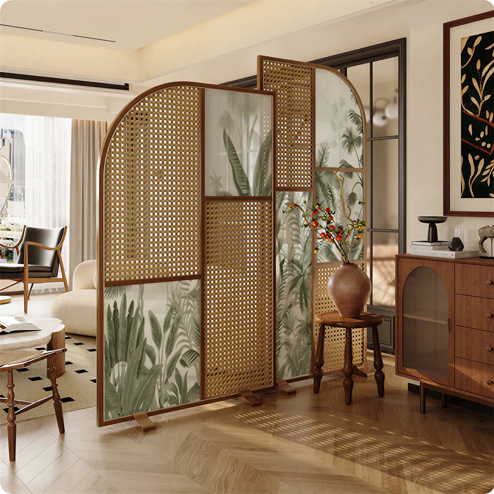 LUXORA Folding Room Divider with Arched Rattan & Bamboo Print for Living Room Bedroom - Walnut & Green - Image 5