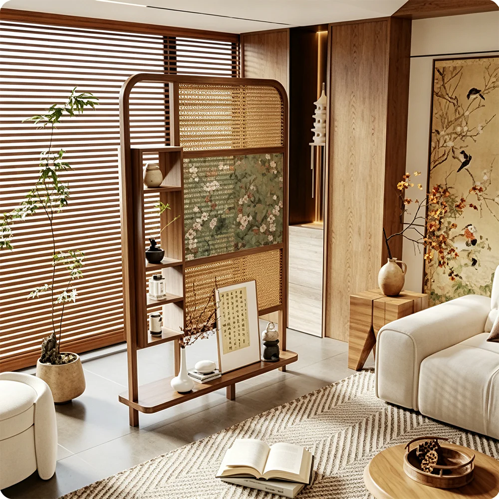 LUXORA Ash Wood Freestanding Room Divider with Rattan & Floral Panel 120 x 200cm for Living Room Bedroom - Walnut & Natural - Image 4