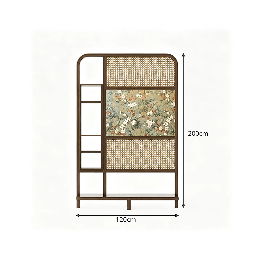 LUXORA Ash Wood Freestanding Room Divider with Rattan & Floral Panel 120 x 200cm for Living Room Bedroom - Walnut & Natural - Image 7