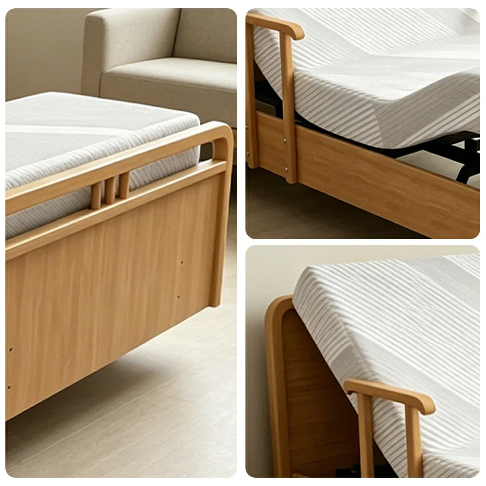 LUXORA Solid Wood Electric Care Bed Remote Control Adjustable Backrest High-density Mattress 100/120/150cm for Elderly Home Bedroom Use - Wood - Image 3