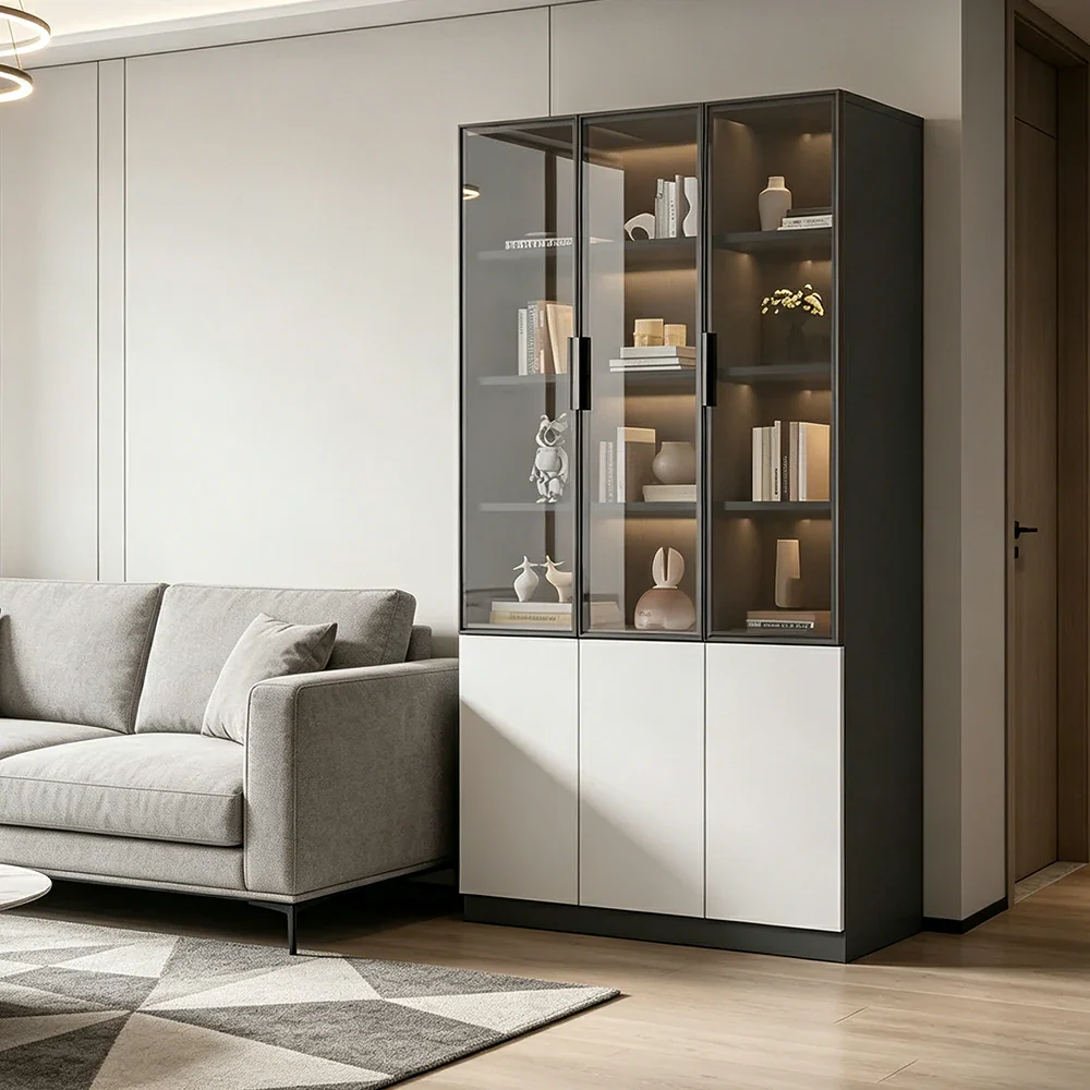 LUXORA Storage Cabinet - Honeycomb Aluminum Frame Glass Door Display Cabinet 90/120cm Living Room Storage - White & Grey - Image 2