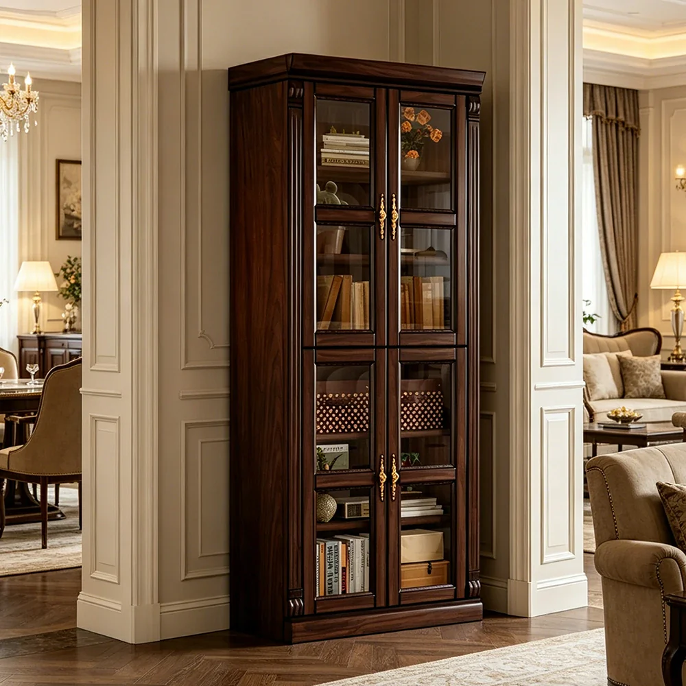 LUXORA Bookshelf Cabinet - Solid Wood Glass Door Display Bookcase 210cm Living Room Study Storage - Walnut - Image 2
