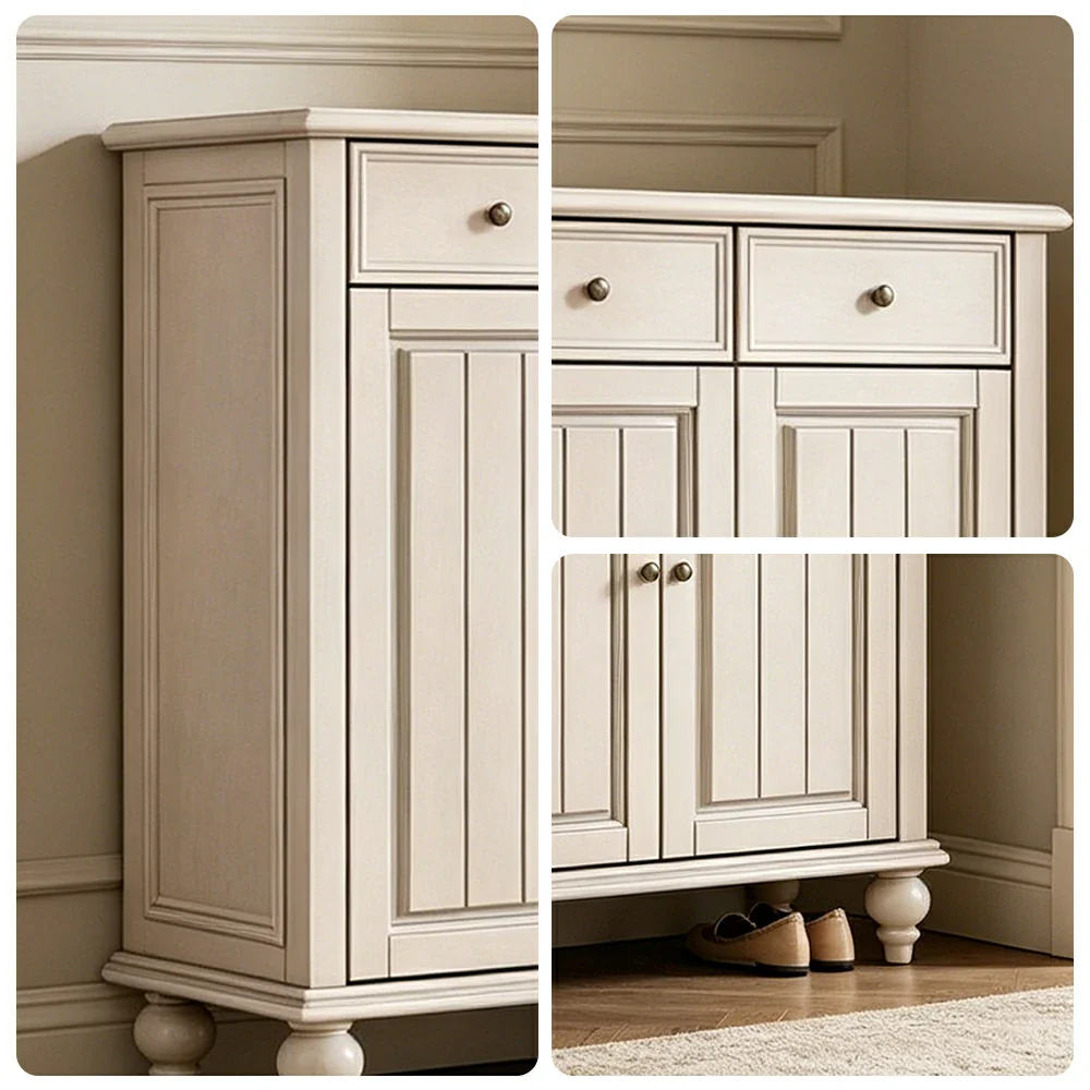 LUXORA Solid Ash Wood Shoe Cabinet - 80cm Entryway Storage Cabinet with Double Doors & Drawers for Hallway - White - Image 3