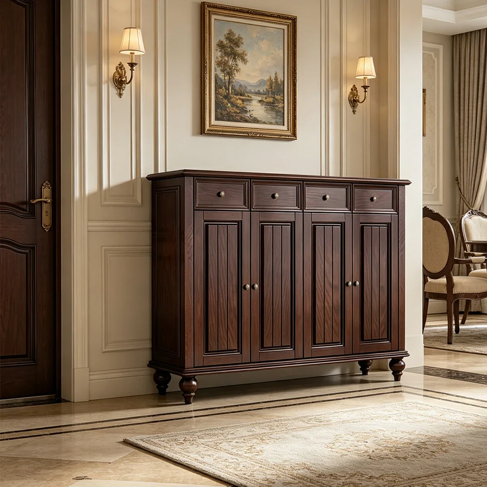 Solid Ash Wood Shoe Cabinet - 140cm 4 Door Entryway Storage Cabinet with Drawers for Hallway - Walnut - Image 4