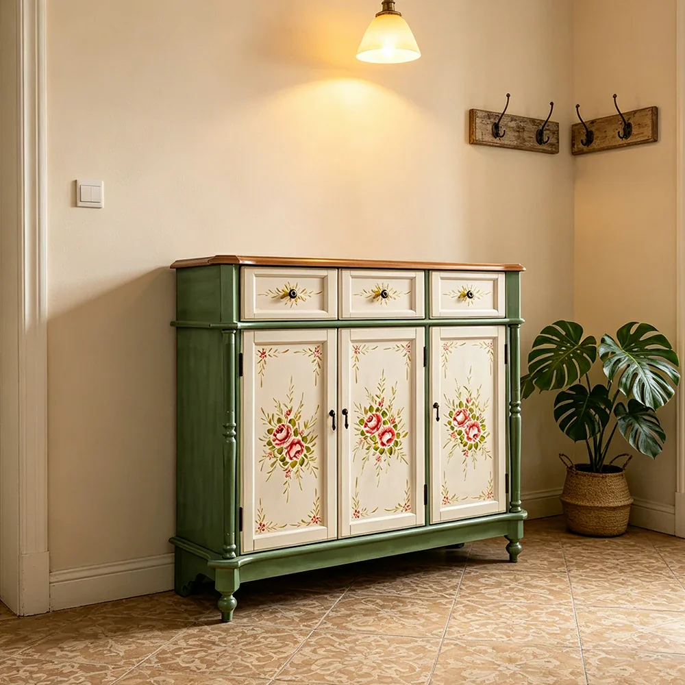 LUXORA Solid Wood 3 Door Shoe Cabinet with Hand Painted Storage American Entryway Cabinet 120cm - Green & White - Image 4