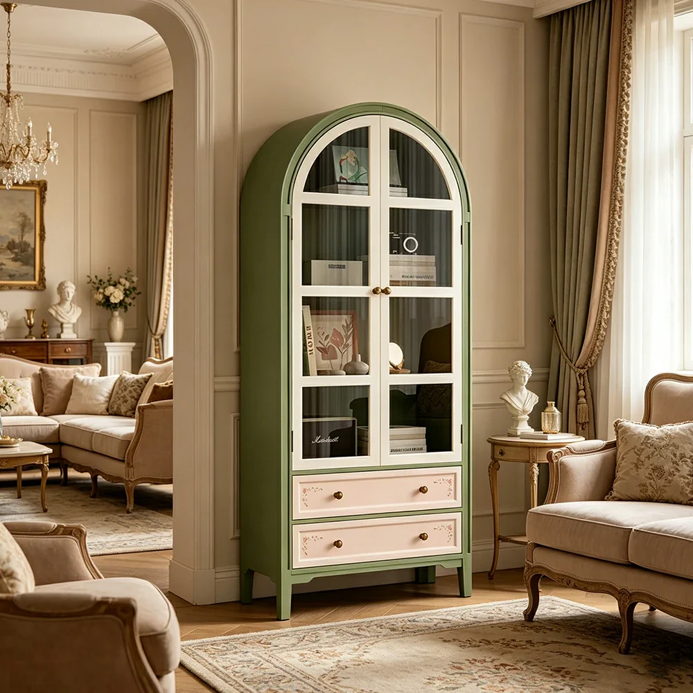 LUXORA Solid Wood Arched Bookcase with Glass Display Doors American Style Storage Cabinet 175cm - Moss Green & Cream - Image 2
