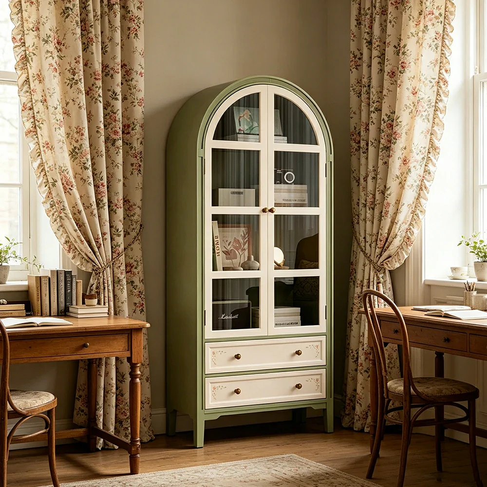 LUXORA Solid Wood Arched Bookcase with Glass Display Doors American Style Storage Cabinet 175cm - Moss Green & Cream - Image 4