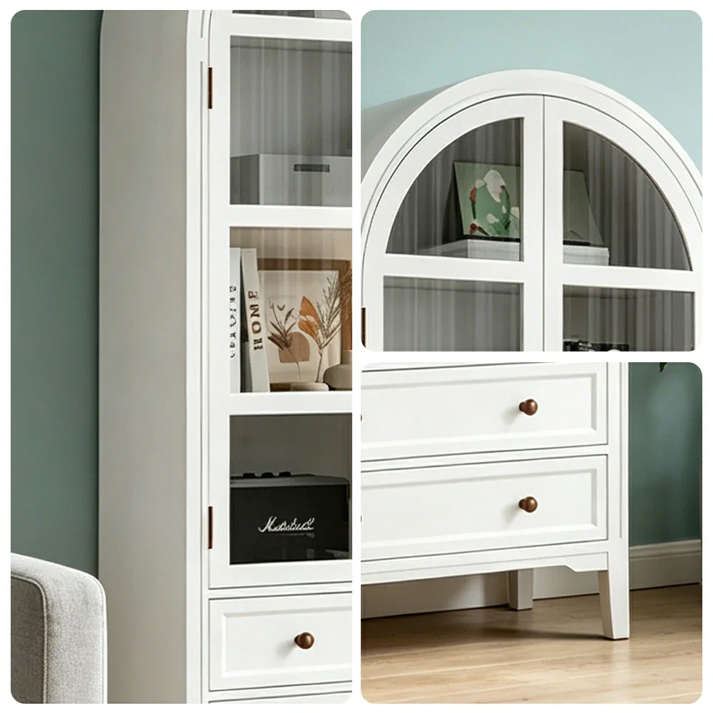 LUXORA Solid Wood Arched Bookcase with Glass Display Doors American Style Storage Cabinet 175cm - White - Image 3