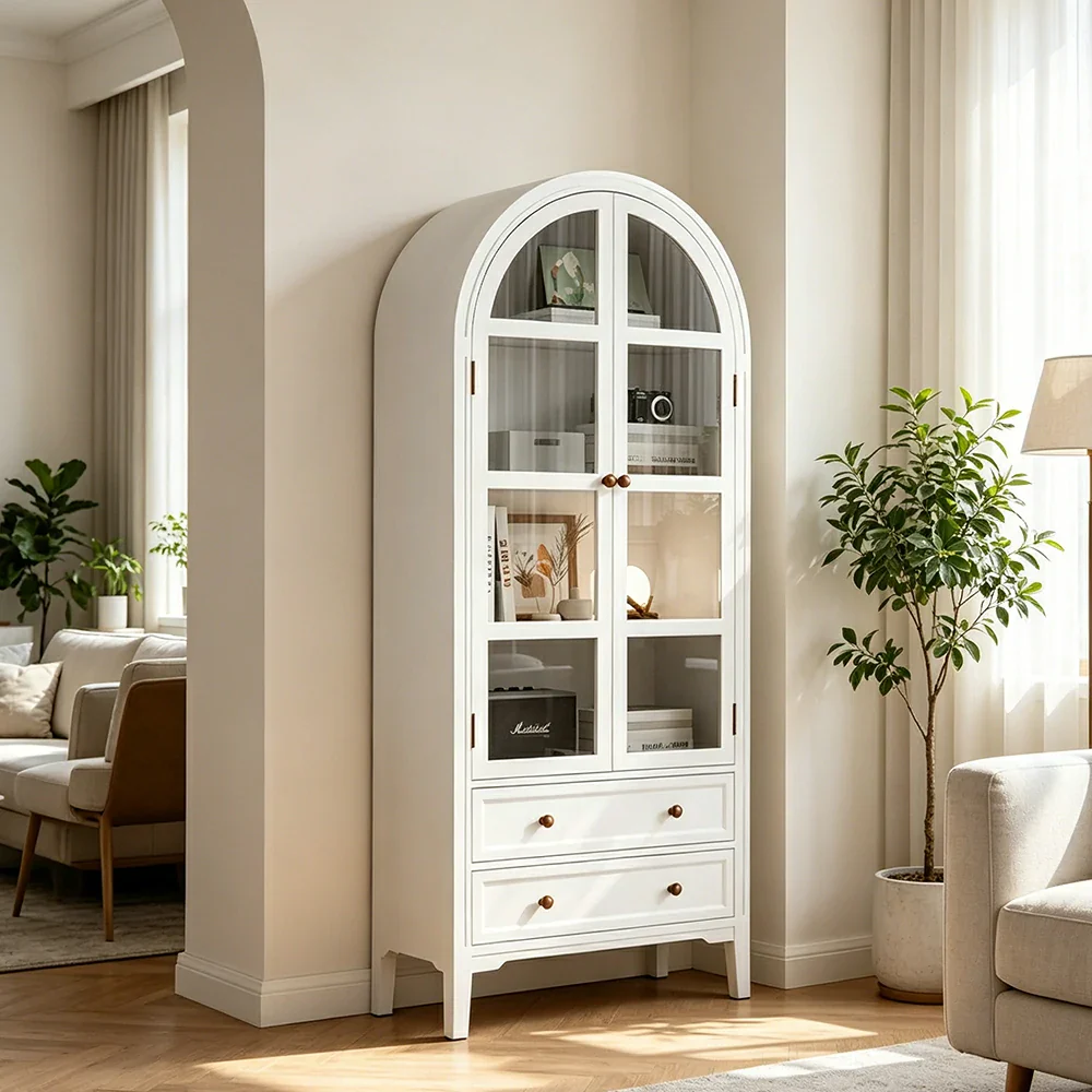 LUXORA Solid Wood Arched Bookcase with Glass Display Doors American Style Storage Cabinet 175cm - White - Image 4