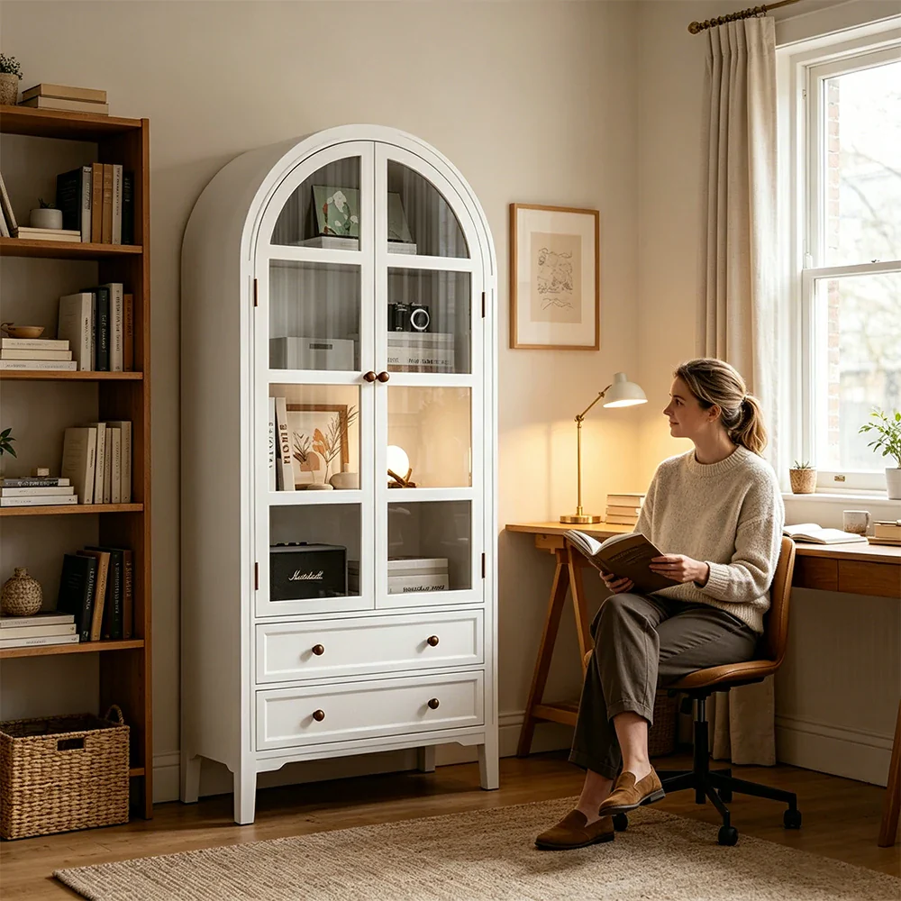 LUXORA Solid Wood Arched Bookcase with Glass Display Doors American Style Storage Cabinet 175cm - White - Image 7