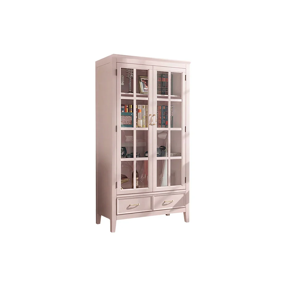 LUXORA Solid Wood 2 Door Display Cabinet with Glass Storage American Style Bookcase 100cm - Pink