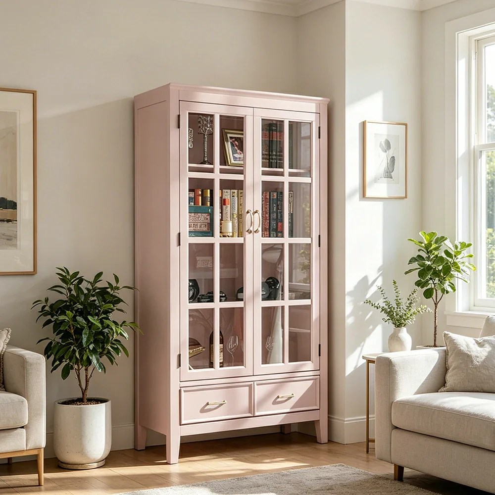 LUXORA Solid Wood 2 Door Display Cabinet with Glass Storage American Style Bookcase 100cm - Pink - Image 2
