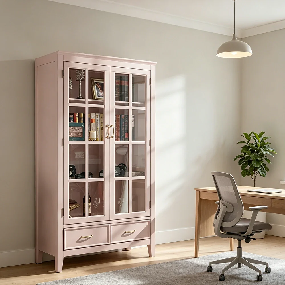 LUXORA Solid Wood 2 Door Display Cabinet with Glass Storage American Style Bookcase 100cm - Pink - Image 5